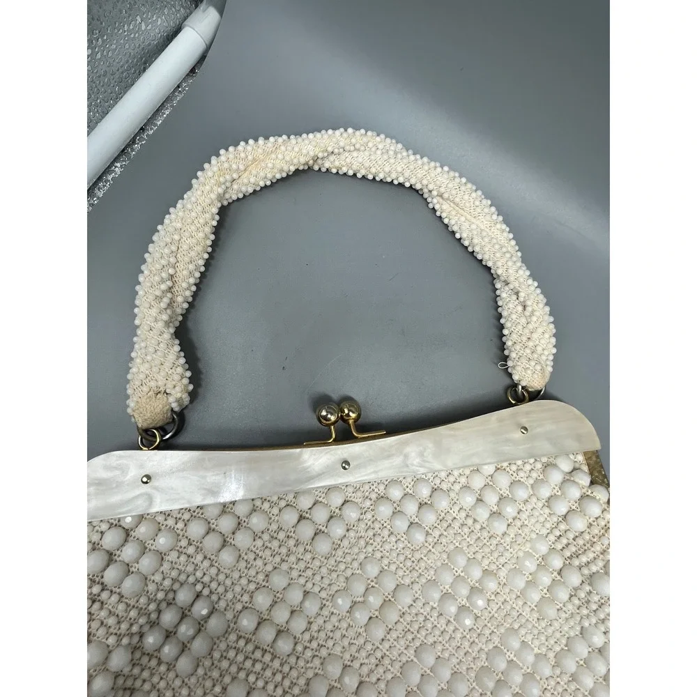 Vintage Beaded Off White Handbag‎ Hong Kong Pearlized Lucite Trim 1960s